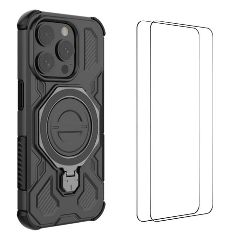 WANLONFENG For iPhone 15 Pro Max Case Kickstand with 2Pcs Screen Film  KJ Series PC TPU Phone Cover (Big Lens Hole) - Black - 1