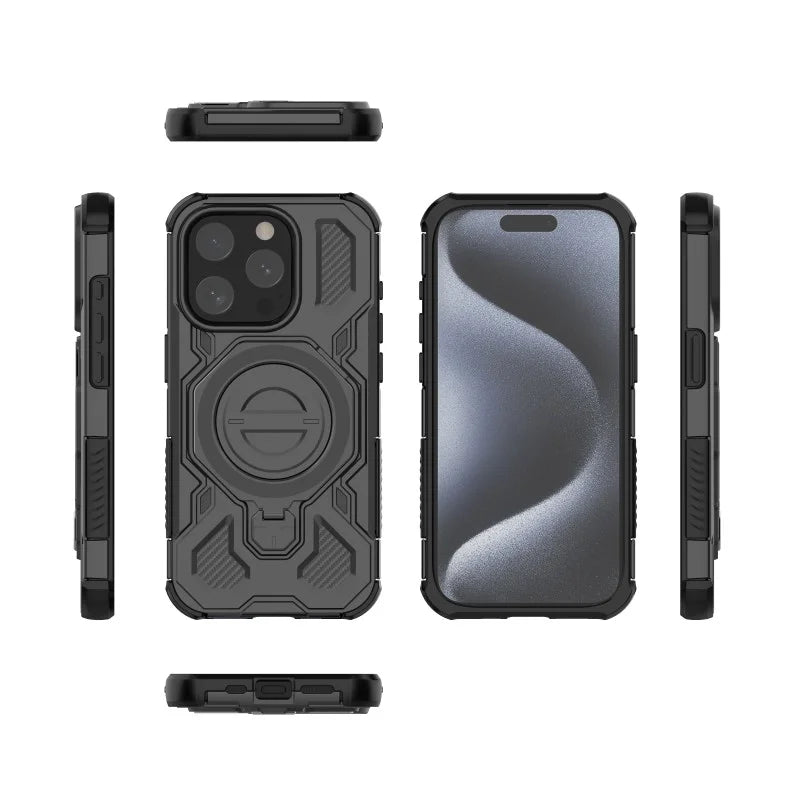 WANLONFENG For iPhone 15 Pro Max Case Kickstand with 2Pcs Screen Film  KJ Series PC TPU Phone Cover (Big Lens Hole) - Black - 2