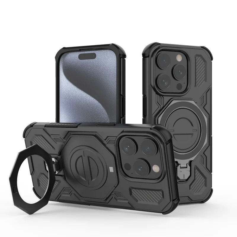 WANLONFENG For iPhone 15 Pro Max Case Kickstand with 2Pcs Screen Film  KJ Series PC TPU Phone Cover (Big Lens Hole) - Black - 3