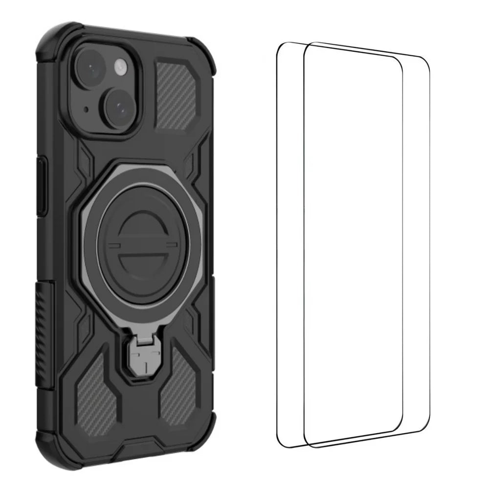 WANLONFENG For iPhone 15 Case Kickstand with 2Pcs Screen Film  KJ Series PC TPU Phone Cover (Big Lens Hole) - Black - 1