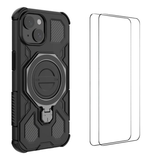 WANLONFENG For iPhone 15 Case Kickstand with 2Pcs Screen Film  KJ Series PC TPU Phone Cover (Big Lens Hole) - Black - 1