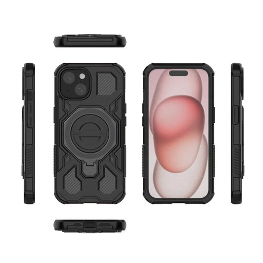 WANLONFENG For iPhone 15 Case Kickstand with 2Pcs Screen Film  KJ Series PC TPU Phone Cover (Big Lens Hole) - Black - 2