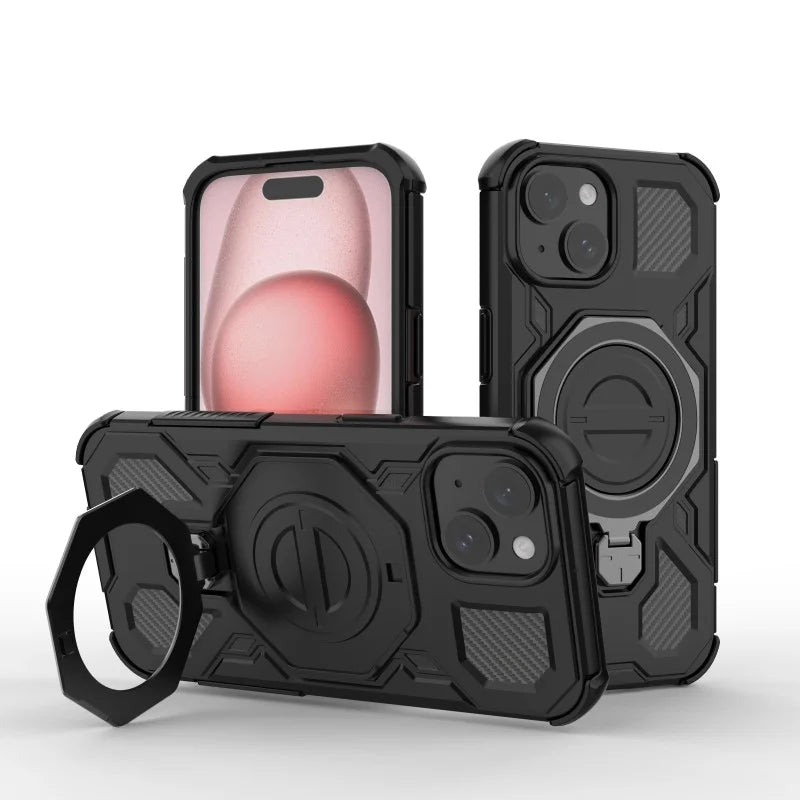 WANLONFENG For iPhone 15 Case Kickstand with 2Pcs Screen Film  KJ Series PC TPU Phone Cover (Big Lens Hole) - Black - 3