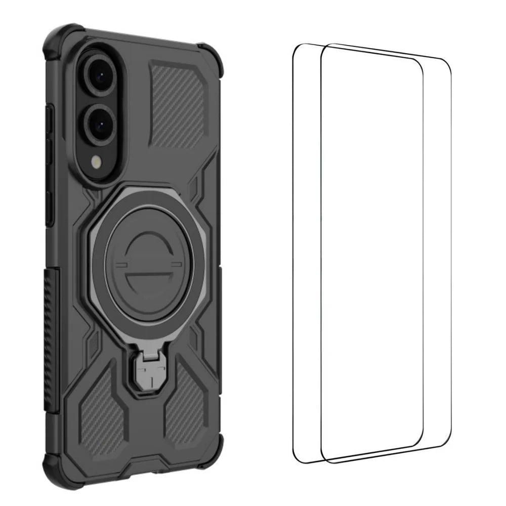 WANLONFENG For Samsung Galaxy S25 Edge Case Kickstand with 2Pcs Screen Film  KJ Series PC TPU Phone Cover (Big Lens Hole) - Black - 1
