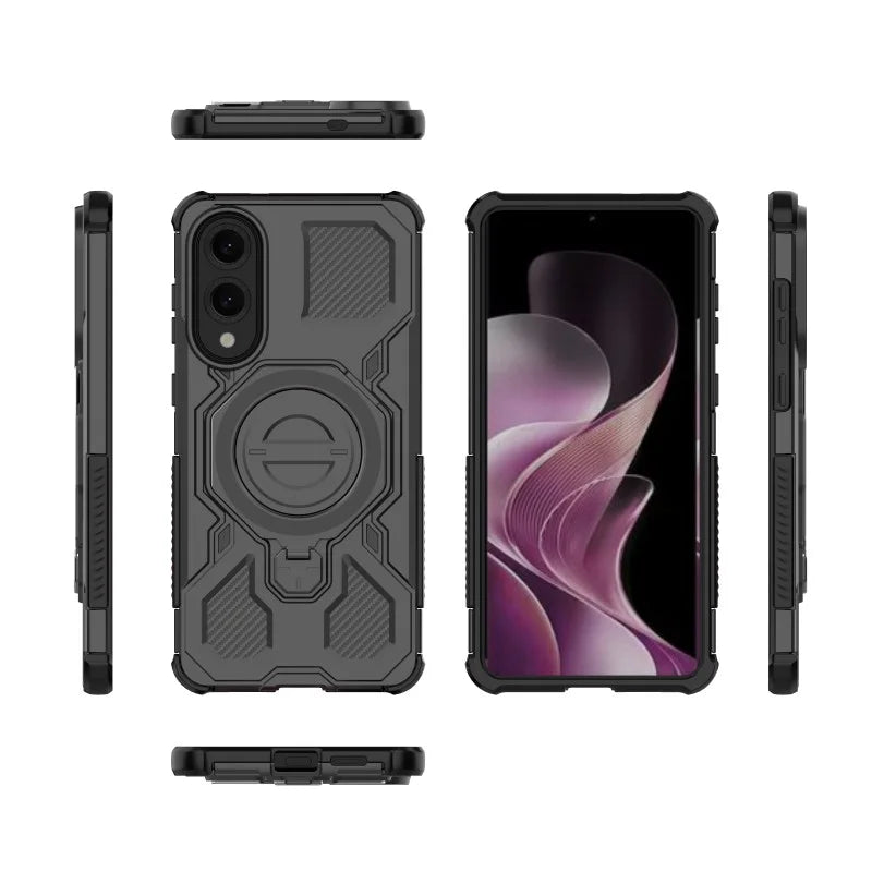 WANLONFENG For Samsung Galaxy S25 Edge Case Kickstand with 2Pcs Screen Film  KJ Series PC TPU Phone Cover (Big Lens Hole) - Black - 2