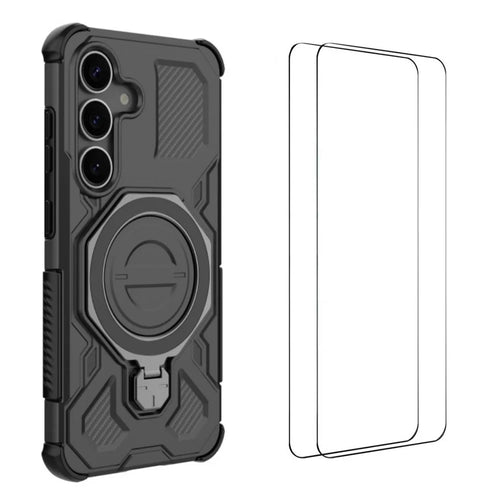 WANLONFENG For Samsung Galaxy S25+ Case Kickstand with 2Pcs Screen Film  KJ Series PC TPU Phone Cover (Big Lens Hole) - Black - 1