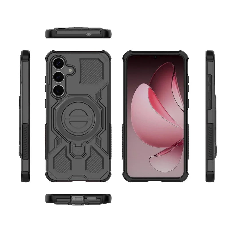 WANLONFENG For Samsung Galaxy S25+ Case Kickstand with 2Pcs Screen Film  KJ Series PC TPU Phone Cover (Big Lens Hole) - Black - 2