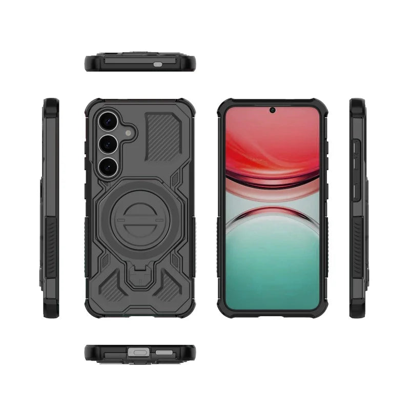 WANLONFENG For Samsung Galaxy S25 Case Kickstand with 2Pcs Screen Film  KJ Series PC TPU Phone Cover (Big Lens Hole) - Black - 2