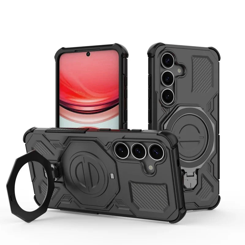 WANLONFENG For Samsung Galaxy S25 Case Kickstand with 2Pcs Screen Film  KJ Series PC TPU Phone Cover (Big Lens Hole) - Black - 3
