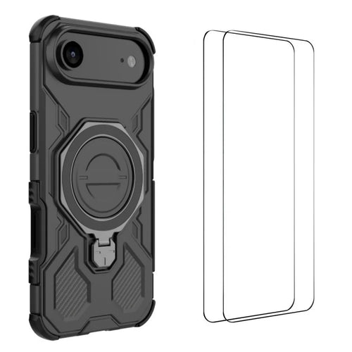 WANLONFENG For iPhone Air Case Kickstand with 2Pcs Screen Film  KJ Series PC TPU Phone Cover (Big Lens Hole) - Black - 1