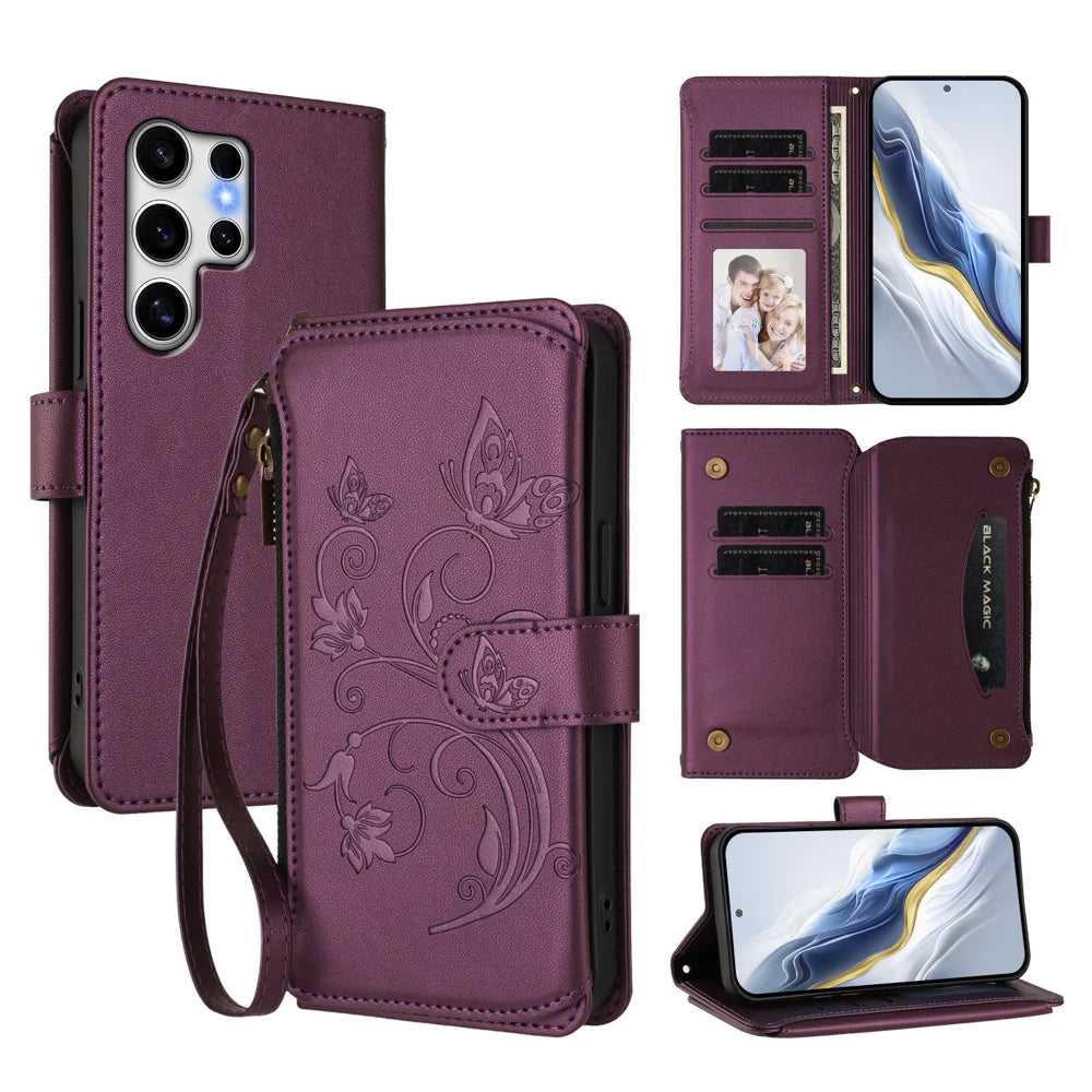 For Samsung Galaxy S25 Ultra Leather Case Butterfly Floral Imprint Zipper Wallet Stand Cover with Wrist Strap - Purple - 1