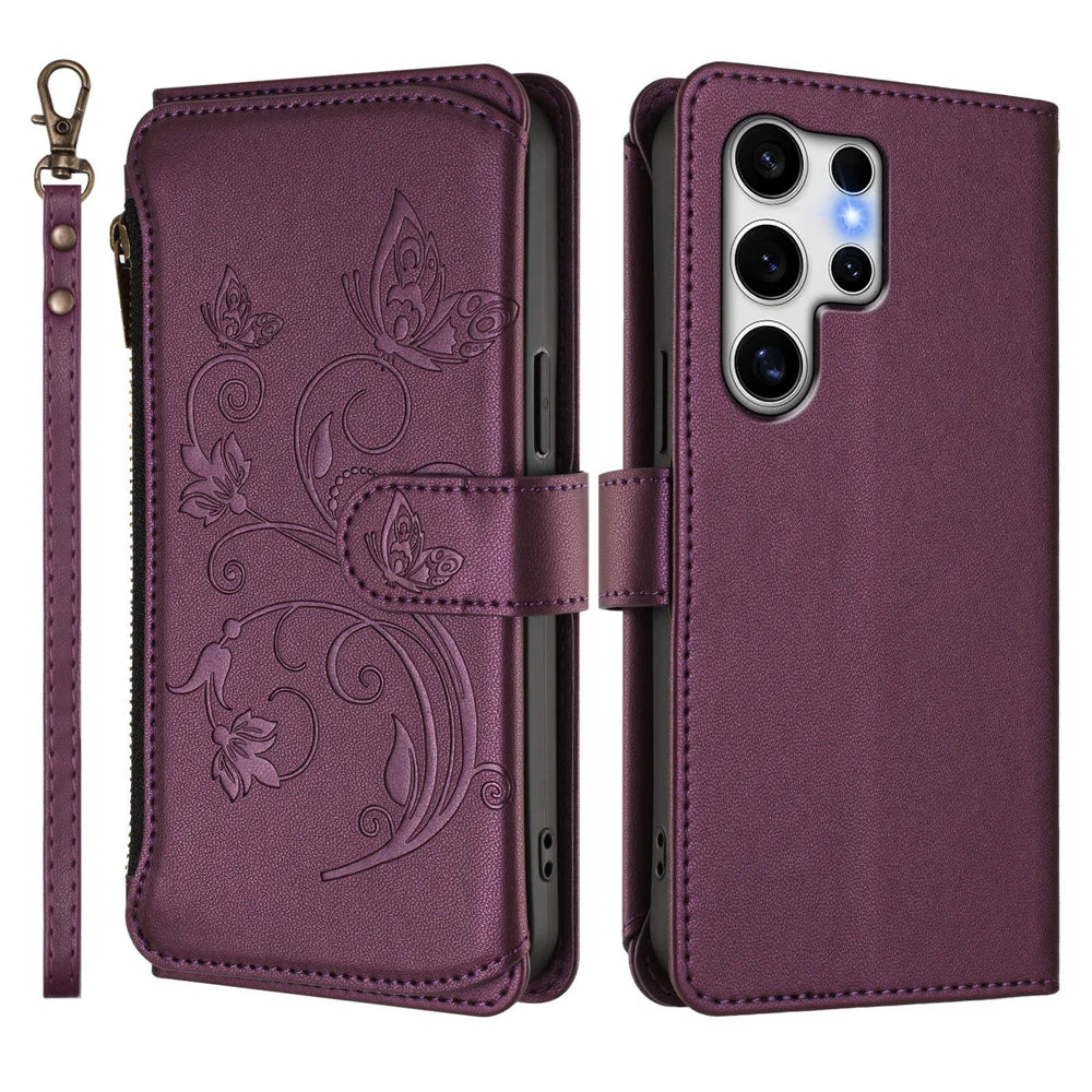 For Samsung Galaxy S25 Ultra Leather Case Butterfly Floral Imprint Zipper Wallet Stand Cover with Wrist Strap - Purple - 2