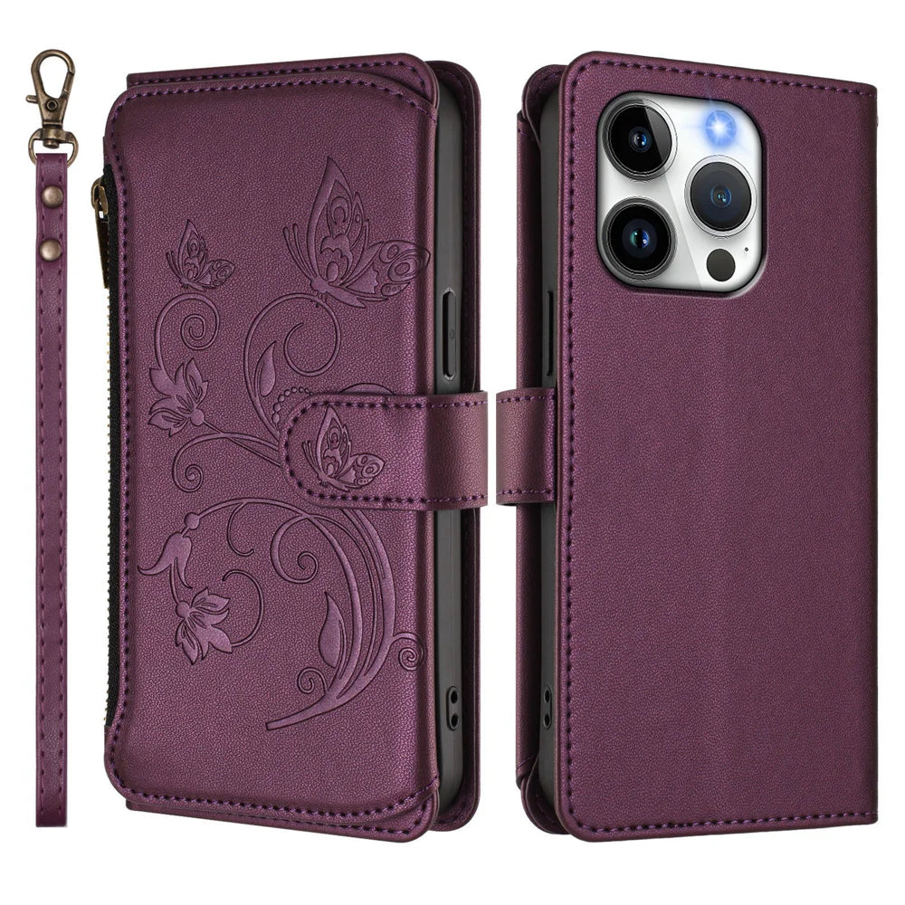 For iPhone 15 Pro Leather Case Butterfly Floral Imprint Zipper Wallet Stand Cover with Wrist Strap - Purple - 2