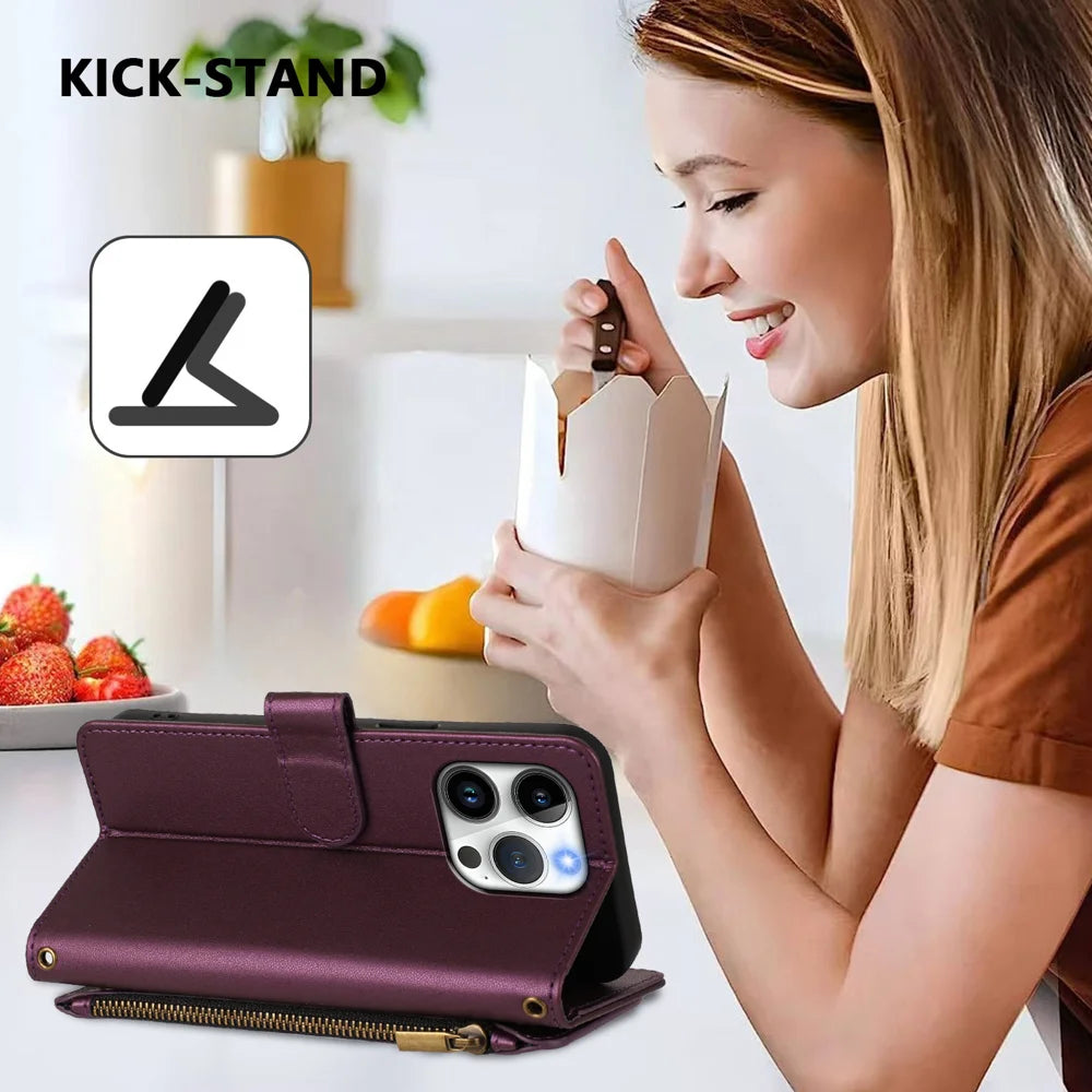 For iPhone 15 Pro Leather Case Butterfly Floral Imprint Zipper Wallet Stand Cover with Wrist Strap - Purple - 3