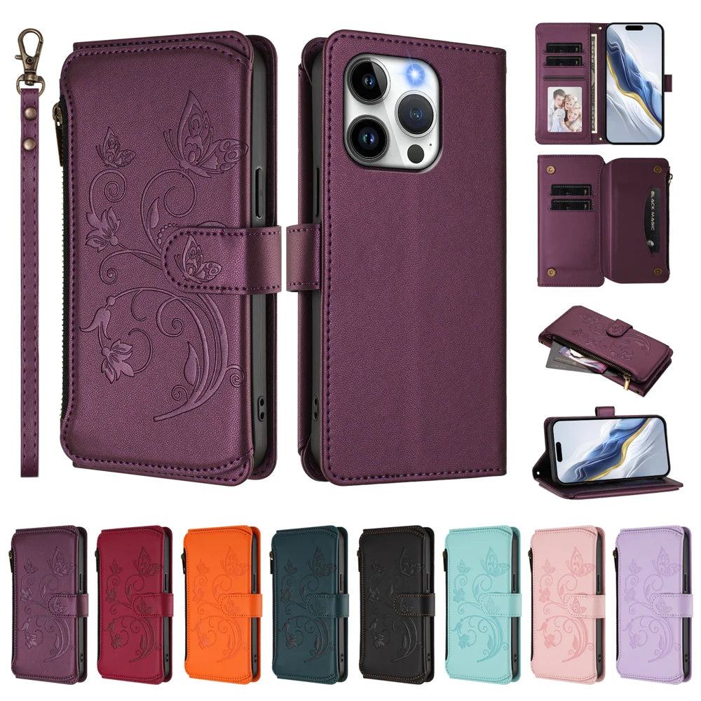For iPhone 15 Pro Leather Case Butterfly Floral Imprint Zipper Wallet Stand Cover with Wrist Strap - Purple - 4