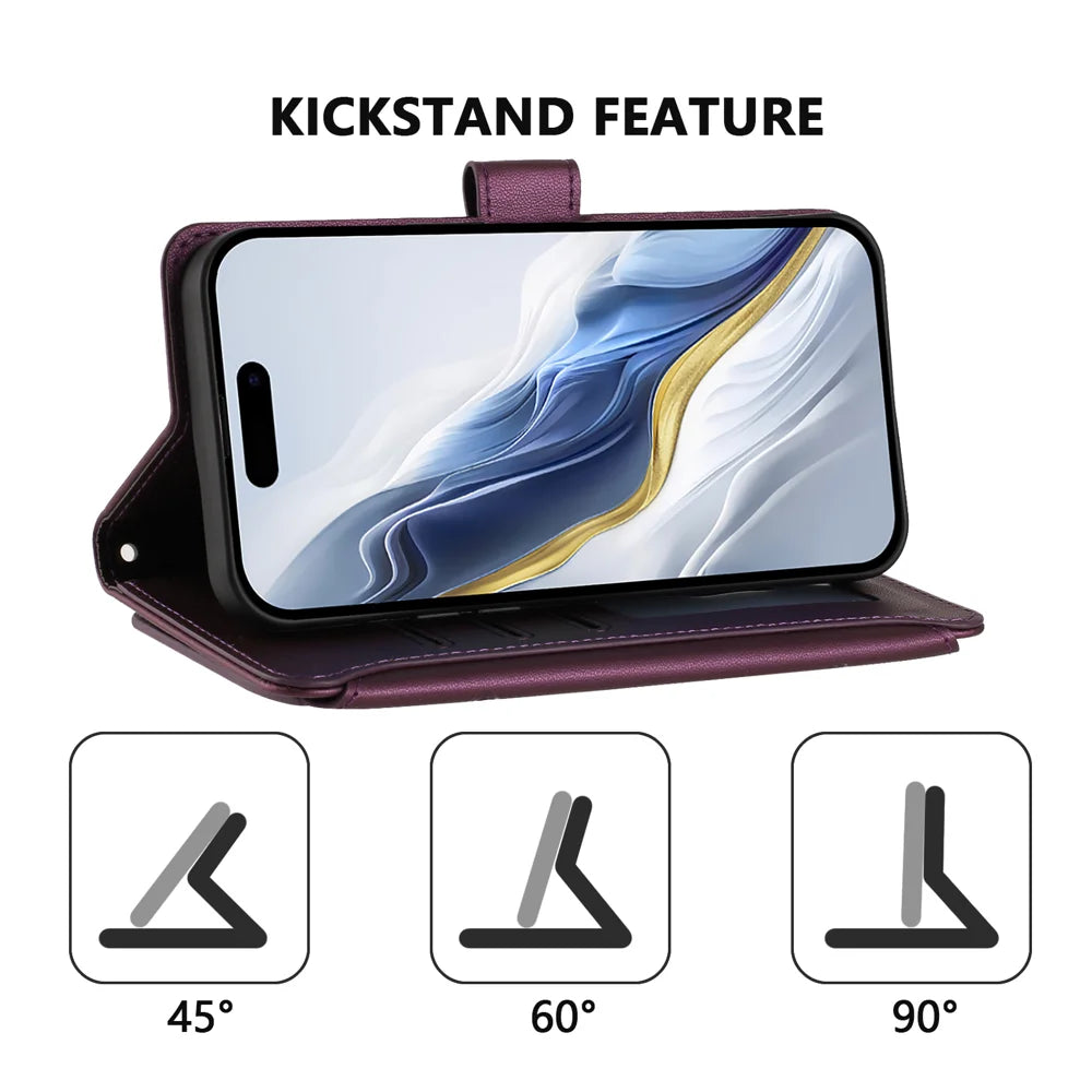For iPhone 15 Pro Leather Case Butterfly Floral Imprint Zipper Wallet Stand Cover with Wrist Strap - Purple - 6