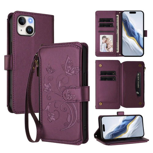For iPhone 15 Leather Case Butterfly Floral Imprint Zipper Wallet Stand Cover with Wrist Strap - Purple - 1