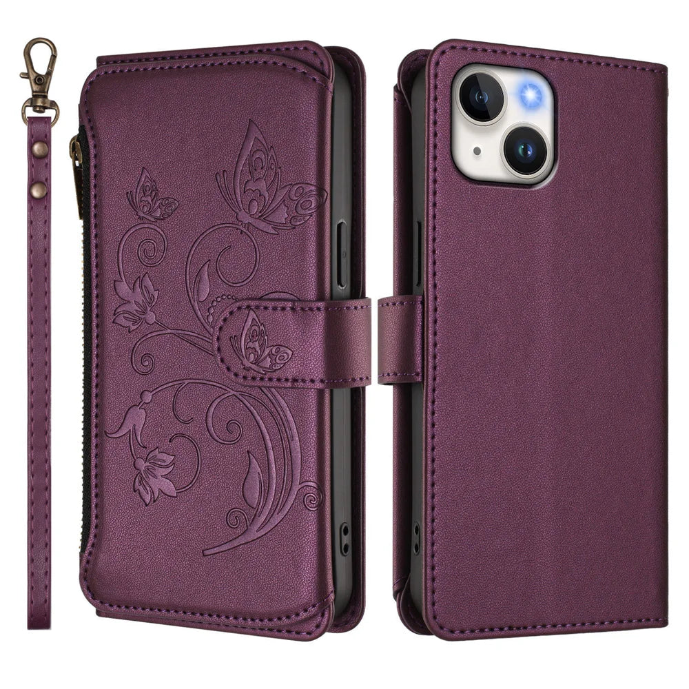 For iPhone 15 Leather Case Butterfly Floral Imprint Zipper Wallet Stand Cover with Wrist Strap - Purple - 2