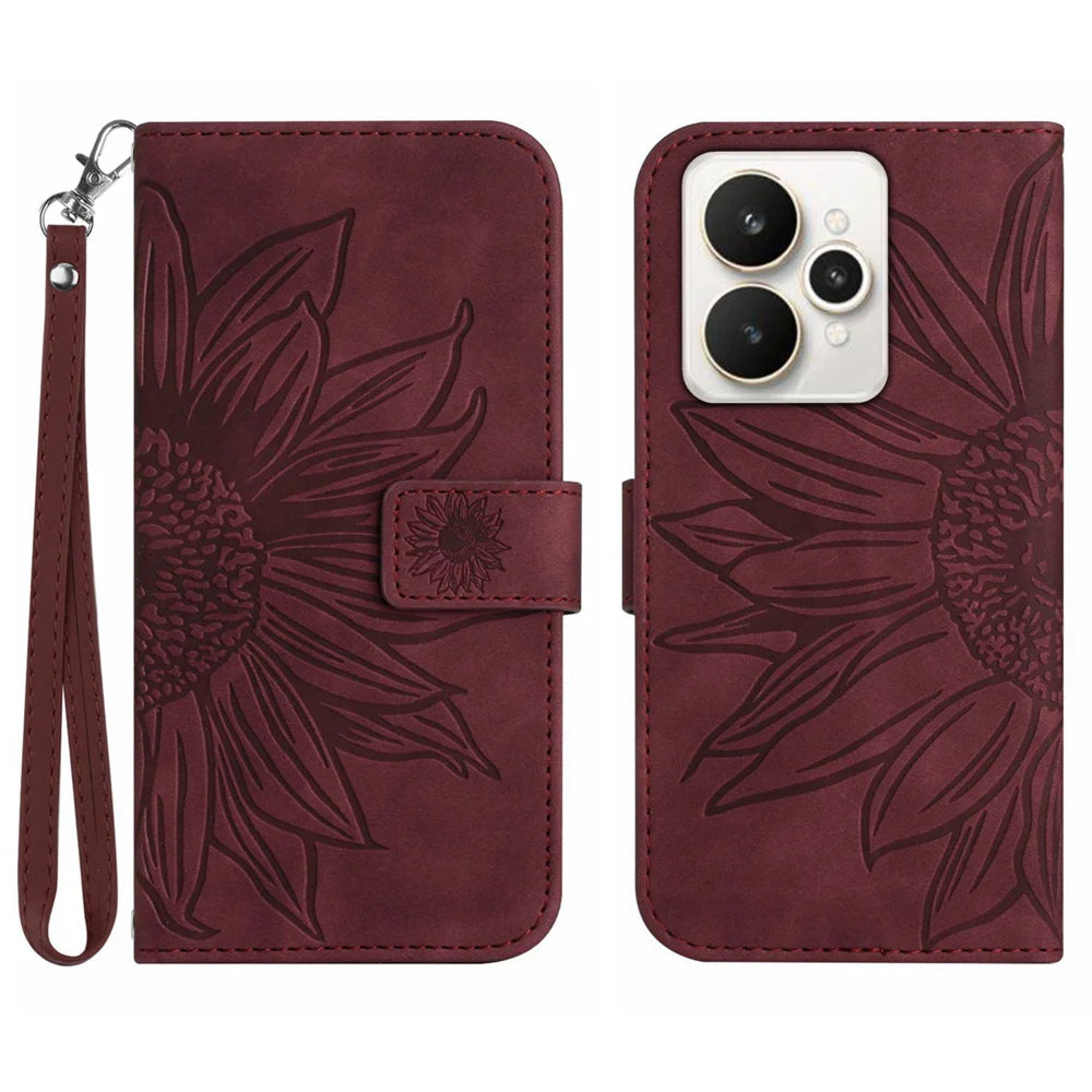 For Realme 15 5G / Realme 15 Pro 5G Case Sunflower Imprint Leather Wallet Phone Cover with Wrist Strap - Wine Red - 1