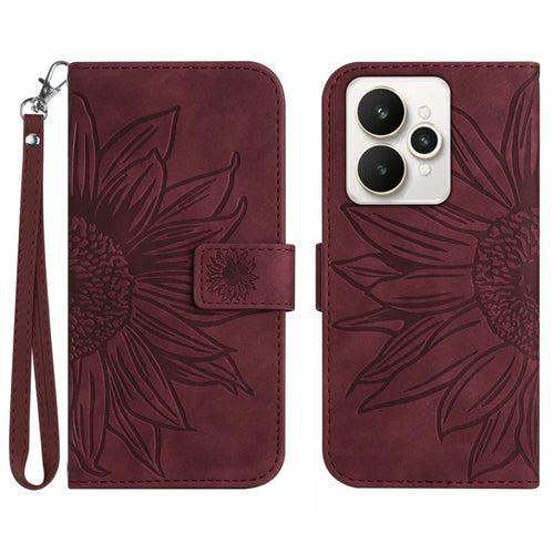 For Realme 15 5G / Realme 15 Pro 5G Case Sunflower Imprint Leather Wallet Phone Cover with Wrist Strap - Wine Red - 1
