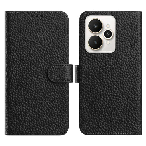 For Realme 15 5G / Realme 15 Pro 5G Case Wallet Stand Litchi Texture Genuine Cow Leather Flip Phone Cover - Black - 1