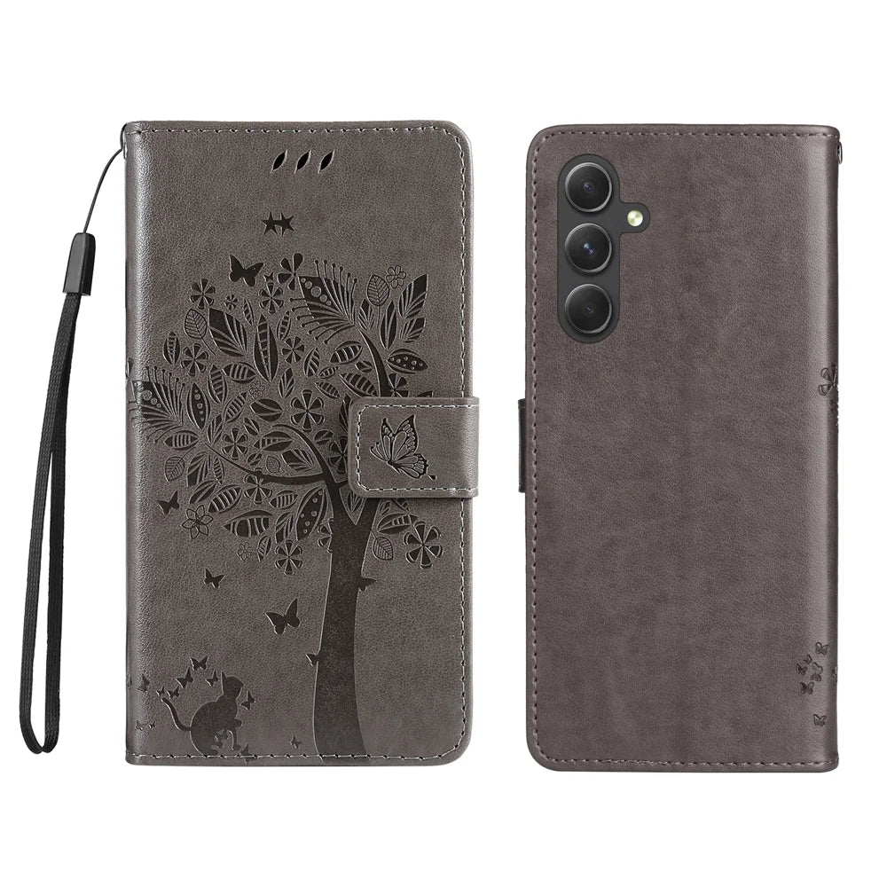 For Samsung Galaxy A55 5G Phone Case with Stand Cat Tree Pattern Leather Wallet Mobile Cover - Grey - 1