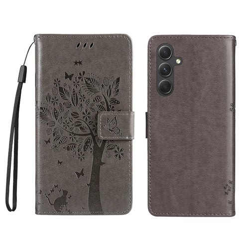 For Samsung Galaxy A55 5G Phone Case with Stand Cat Tree Pattern Leather Wallet Mobile Cover - Grey - 1