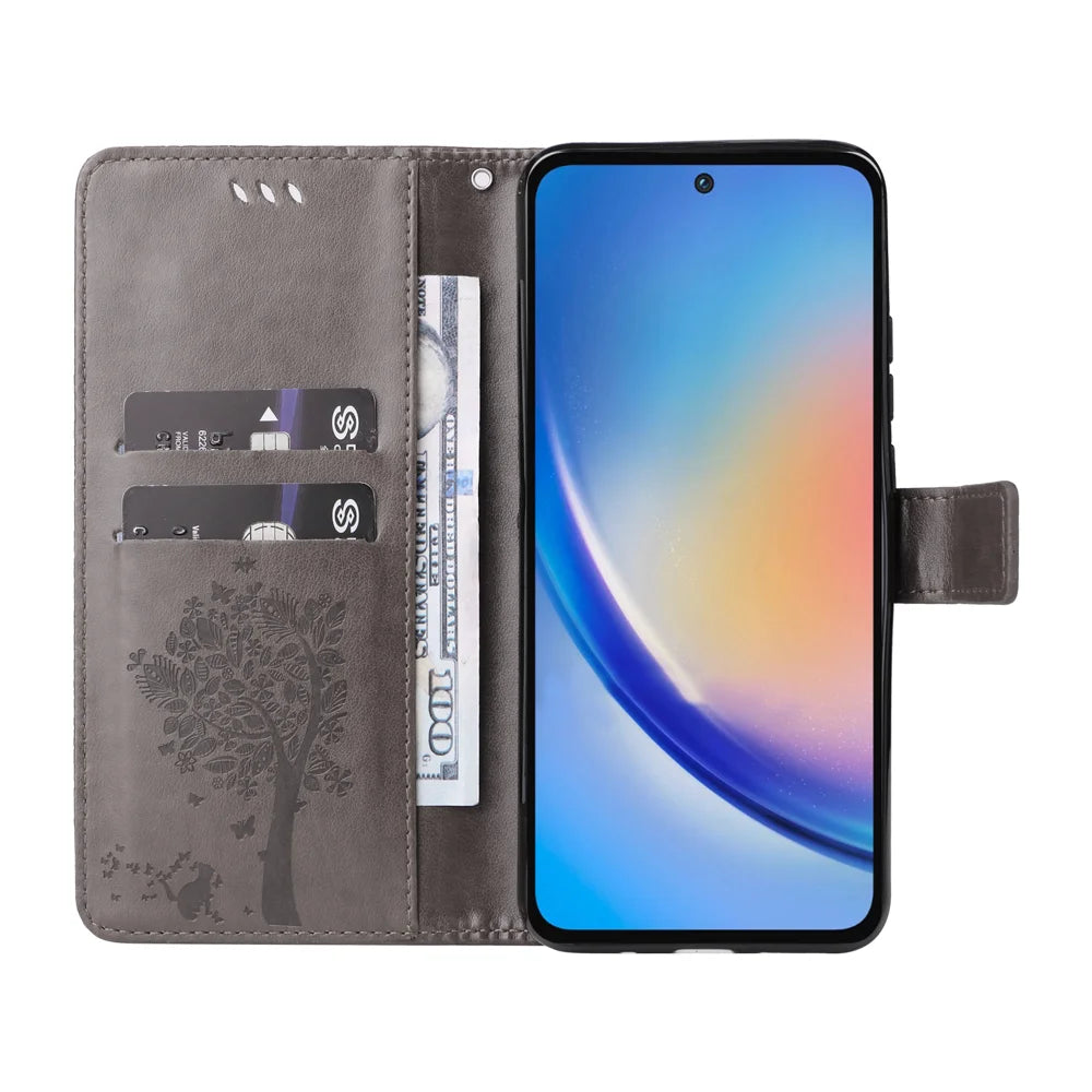 For Samsung Galaxy A55 5G Phone Case with Stand Cat Tree Pattern Leather Wallet Mobile Cover - Grey - 2