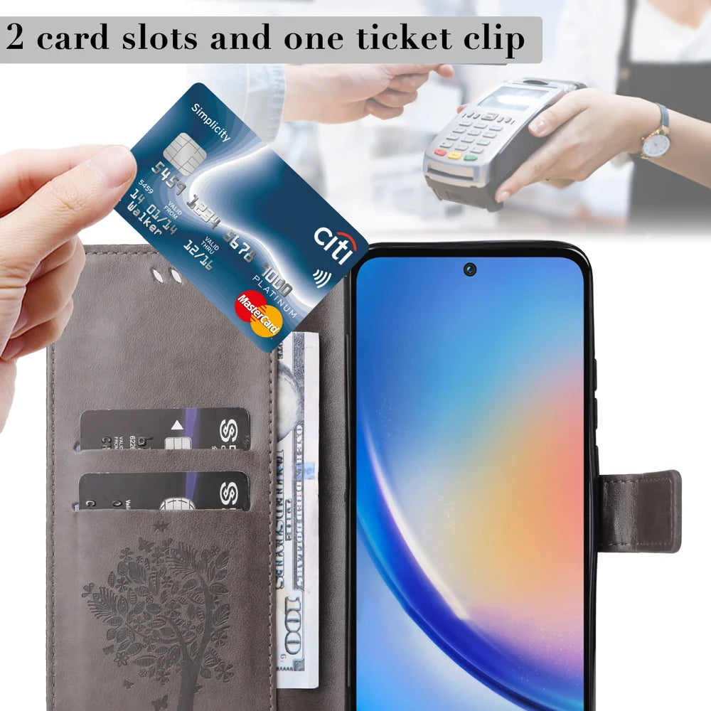 For Samsung Galaxy A55 5G Phone Case with Stand Cat Tree Pattern Leather Wallet Mobile Cover - Grey - 6