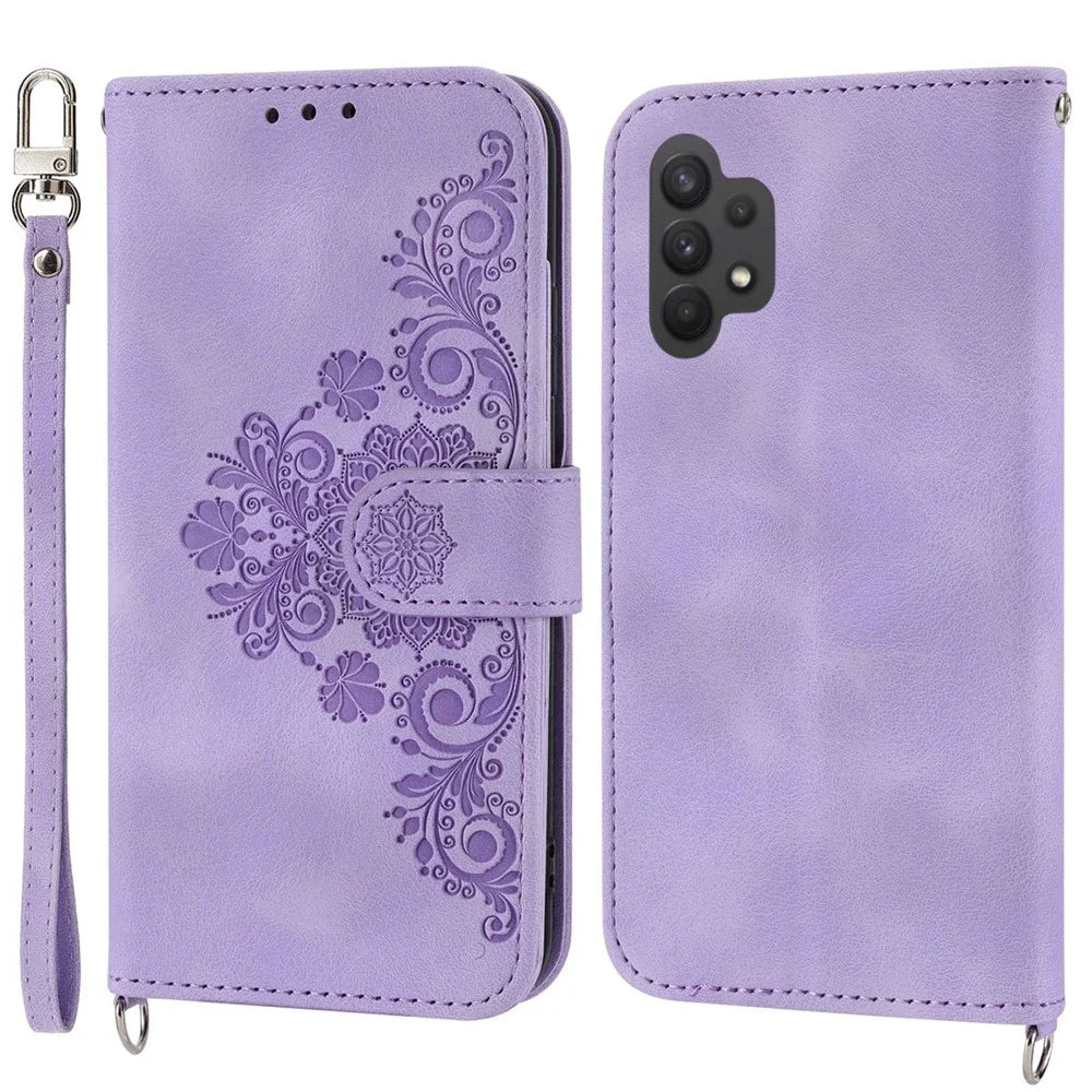 For Samsung Galaxy A32 5G / M32 5G Imprinted Flowers Anti-fall Phone Case Skin-Touch PU Leather Wallet Stand Multiple Card Slots Smartphone Cover with Two Straps - Light Purple - 1