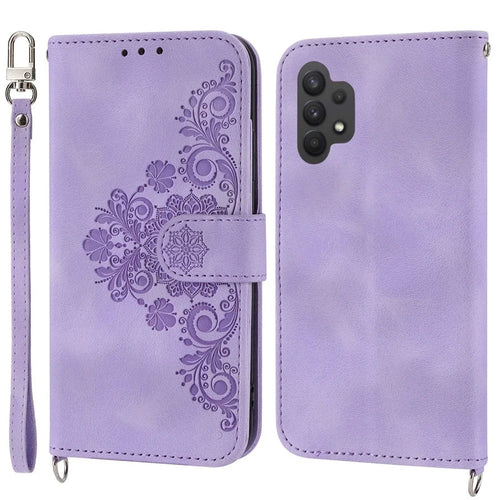 Drop-proof Phone Case for Samsung Galaxy A32 4G (EU Version), Skin-touch Imprinted Flowers Pattern Multiple Card Slots Stand Wallet Phone Cover with Wrist and Shoulder Straps - Light Purple - 1