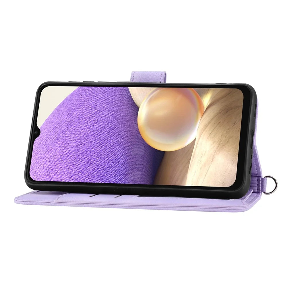 Drop-proof Phone Case for Samsung Galaxy A32 4G (EU Version), Skin-touch Imprinted Flowers Pattern Multiple Card Slots Stand Wallet Phone Cover with Wrist and Shoulder Straps - Light Purple - 2