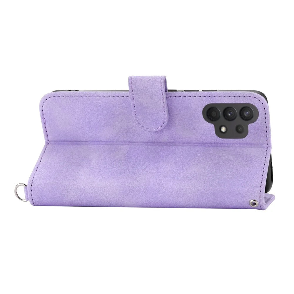 Drop-proof Phone Case for Samsung Galaxy A32 4G (EU Version), Skin-touch Imprinted Flowers Pattern Multiple Card Slots Stand Wallet Phone Cover with Wrist and Shoulder Straps - Light Purple - 3