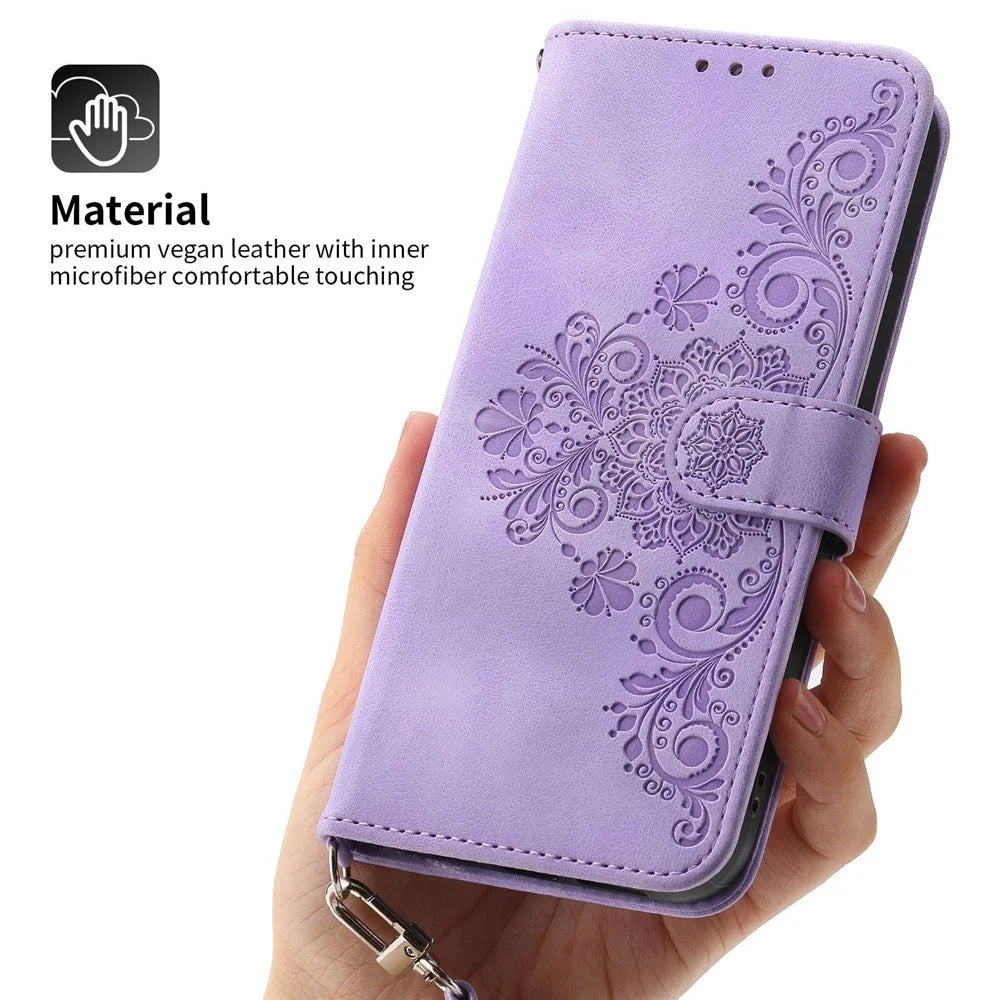 Drop-proof Phone Case for Samsung Galaxy A32 4G (EU Version), Skin-touch Imprinted Flowers Pattern Multiple Card Slots Stand Wallet Phone Cover with Wrist and Shoulder Straps - Light Purple - 6