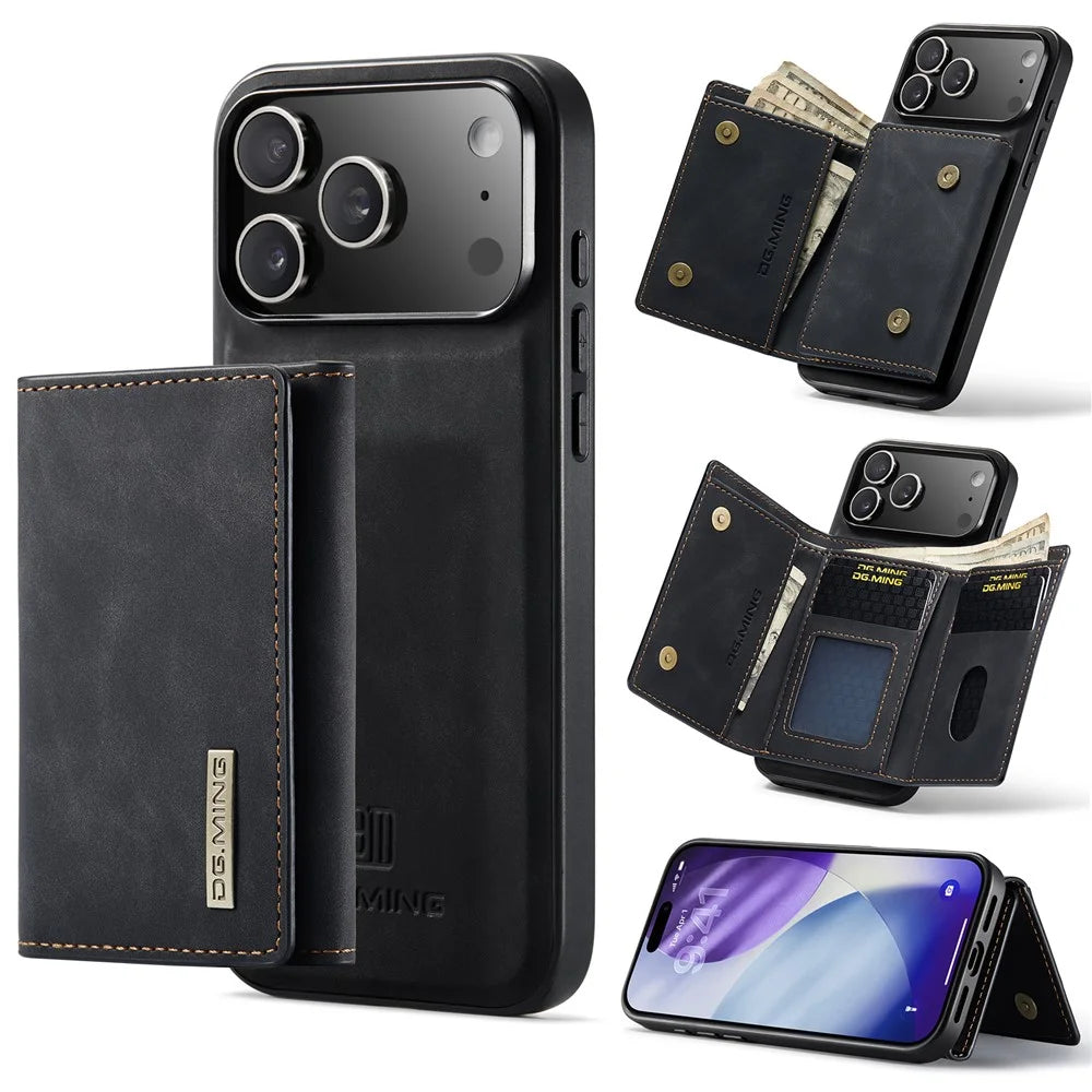 DG.MING M1 Series for iPhone 18 Pro / 17 Pro Case Kickstand PU Phone Cover with Detachable Wallet - Black - 1