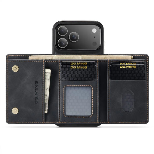 DG.MING M1 Series for iPhone 18 Pro / 17 Pro Case Kickstand PU Phone Cover with Detachable Wallet - Black - 2