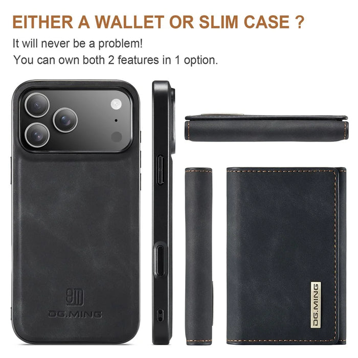 DG.MING M1 Series for iPhone 18 Pro / 17 Pro Case Kickstand PU Phone Cover with Detachable Wallet - Black - 7