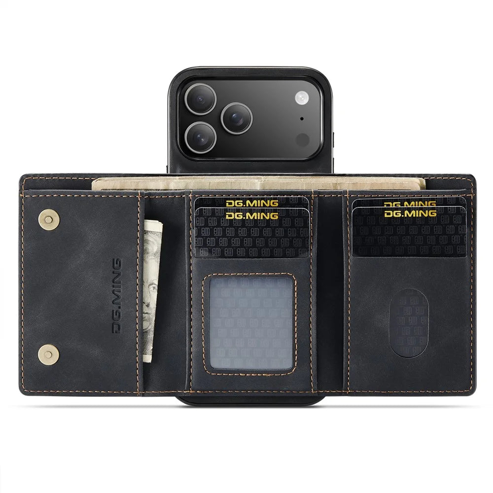 DG.MING M1 Series for iPhone 18 Pro Max / 17 Pro Max Case Kickstand PU Phone Cover with Detachable Wallet - Black - 2