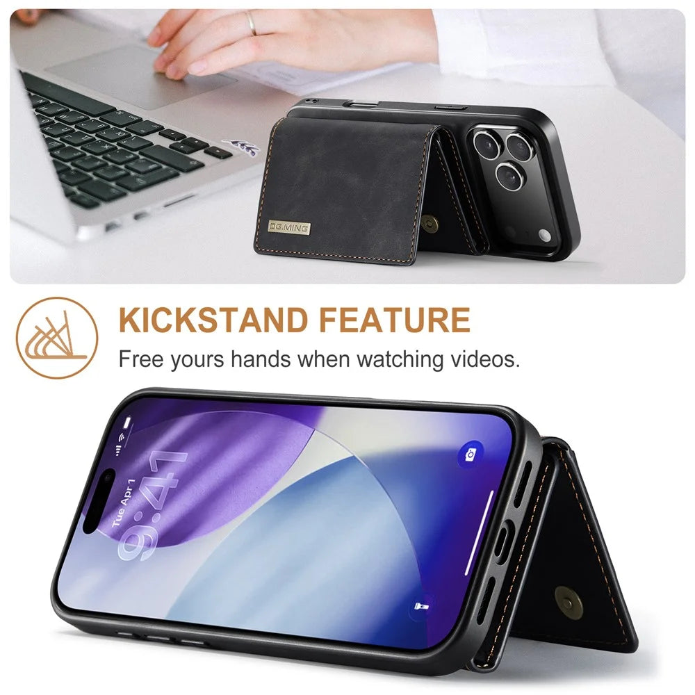 DG.MING M1 Series for iPhone 18 Pro Max / 17 Pro Max Case Kickstand PU Phone Cover with Detachable Wallet - Black - 6