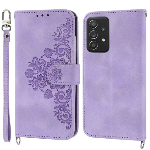 For Samsung Galaxy A72 4G / 5G Imprinted Flowers Drop-proof Phone Case Skin-Touch PU Leather Stand Card Holder Flip Wallet Cover with Wrist Strap and Shoulder Strap - Light Purple - 1