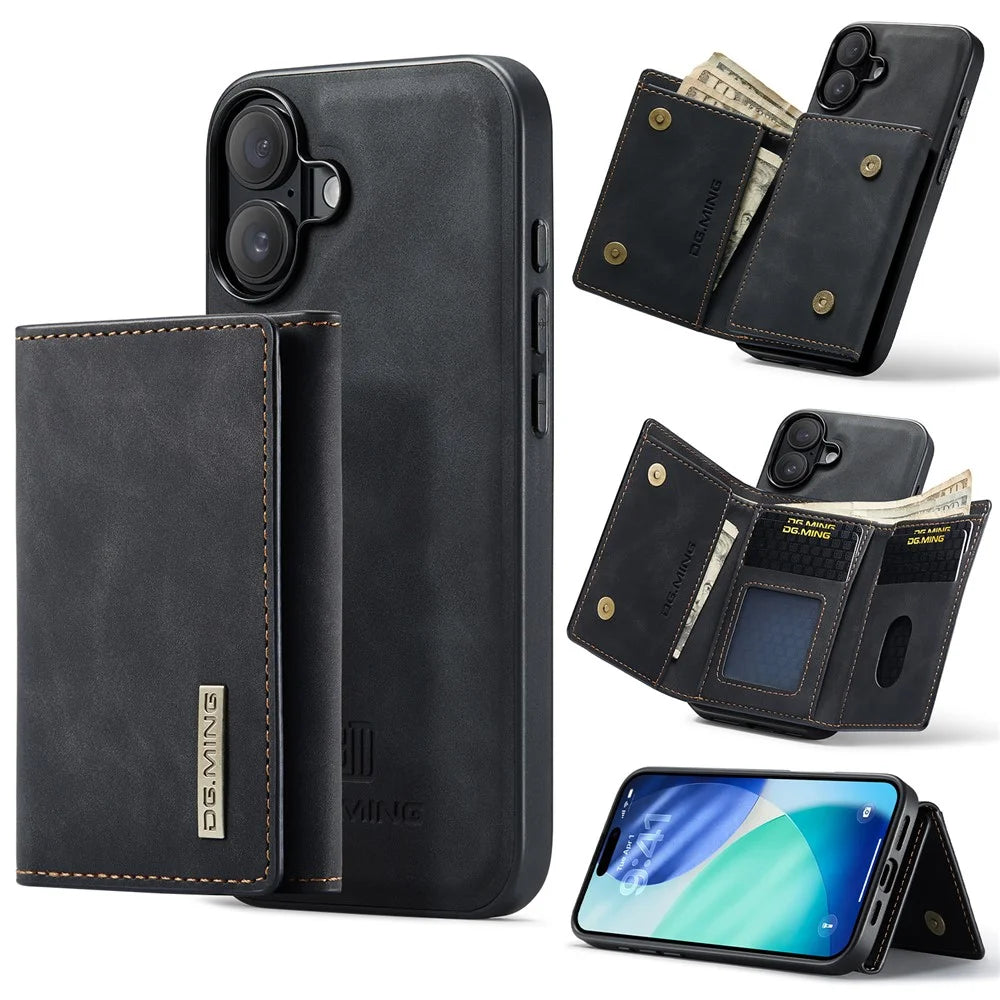 DG.MING M1 Series for iPhone 17 Case Kickstand PU Phone Cover with Detachable Wallet - Black - 1