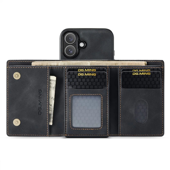 DG.MING M1 Series for iPhone 17 Case Kickstand PU Phone Cover with Detachable Wallet - Black - 3