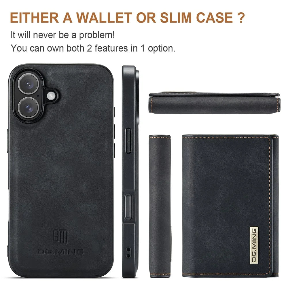 DG.MING M1 Series for iPhone 17 Case Kickstand PU Phone Cover with Detachable Wallet - Black - 6
