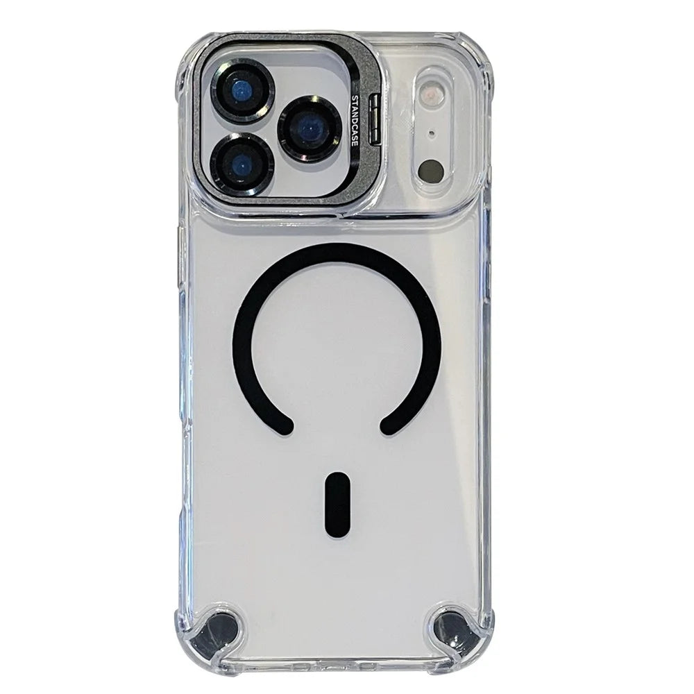 For iPhone 17 Pro Max Magnetic Case TPU PC Clear Kickstand Phone Cover with Tempered Glass Lens Films - Black - 1