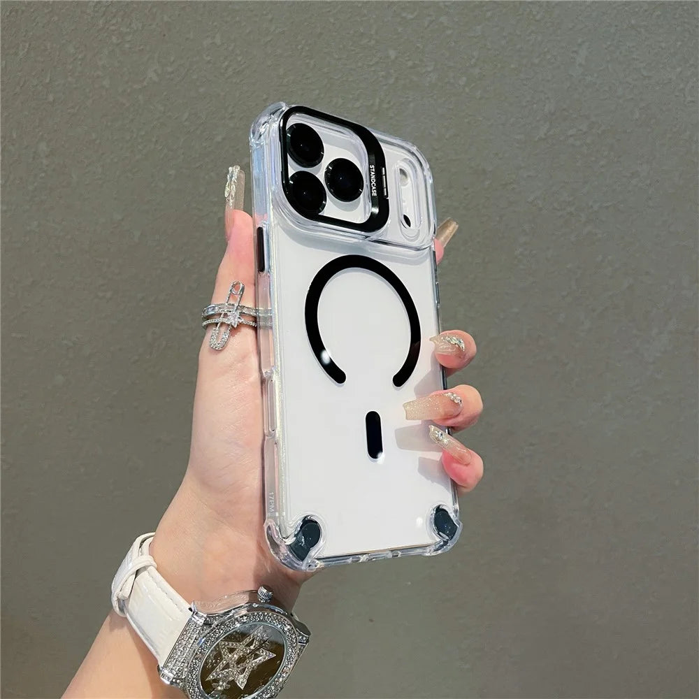 For iPhone 17 Pro Max Magnetic Case TPU PC Clear Kickstand Phone Cover with Tempered Glass Lens Films - Black - 2
