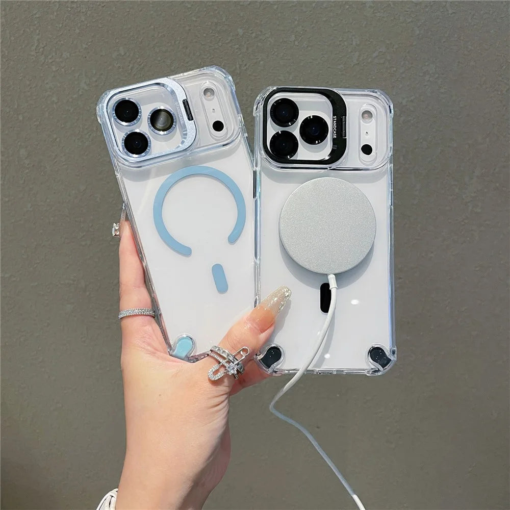 For iPhone 17 Pro Max Magnetic Case TPU PC Clear Kickstand Phone Cover with Tempered Glass Lens Films - Black - 3