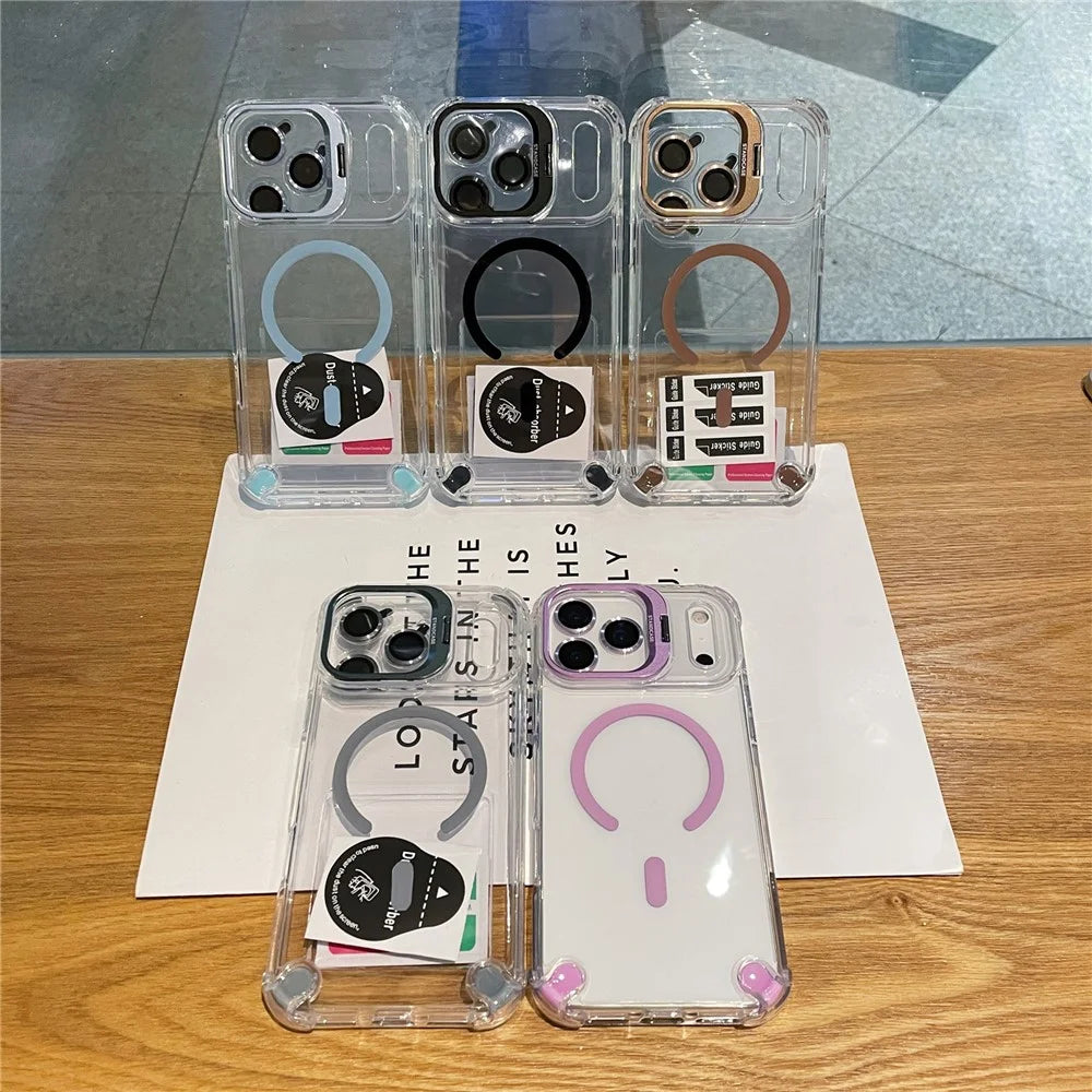 For iPhone 17 Pro Max Magnetic Case TPU PC Clear Kickstand Phone Cover with Tempered Glass Lens Films - Black - 5