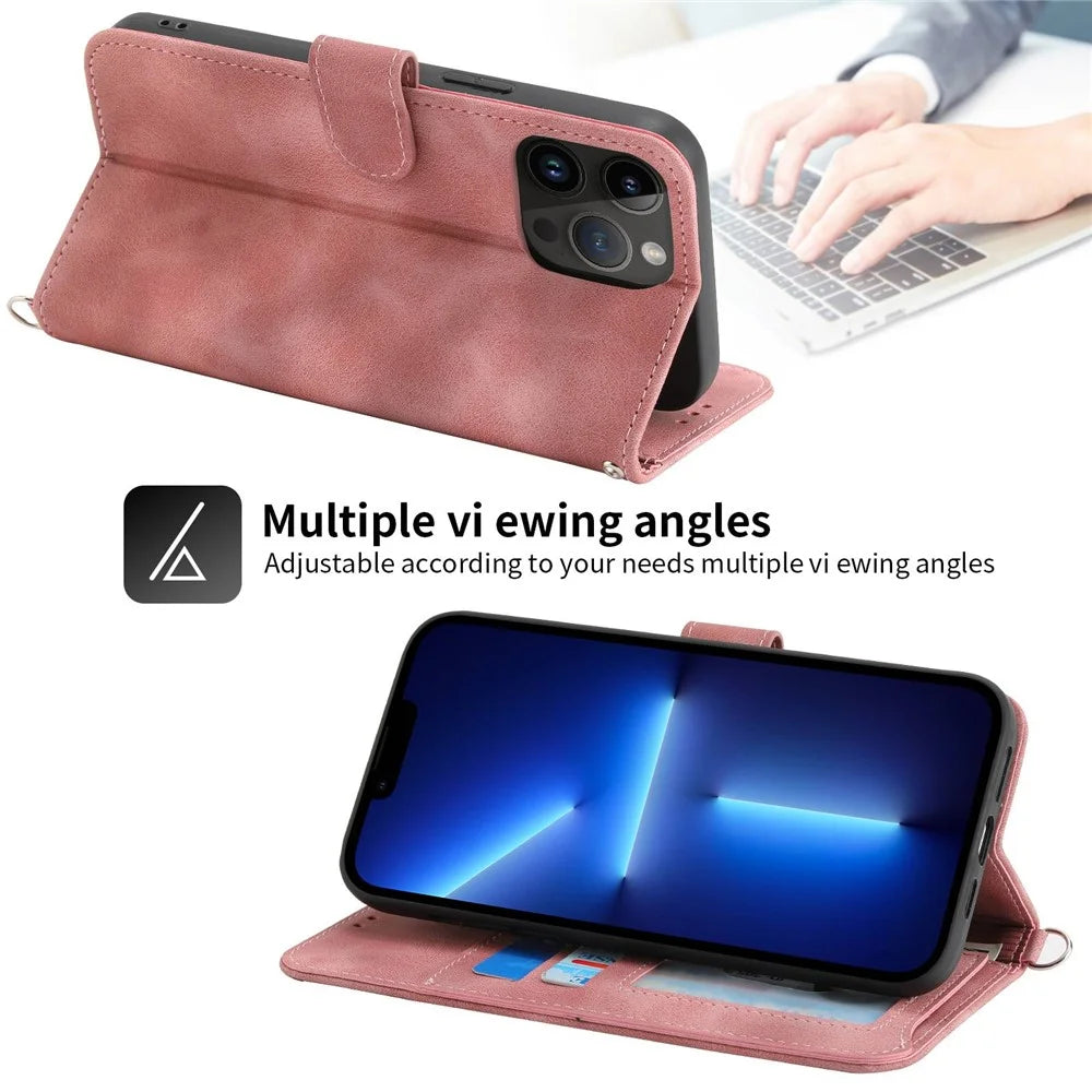 For iPhone 13 Pro Max 6.7 inch Imprinted Flowers Wallet Case Skin-touch PU Leather Handbag Flip Stand Phone Cover with Wrist Strap and Shoulder Strap - Pink - 2