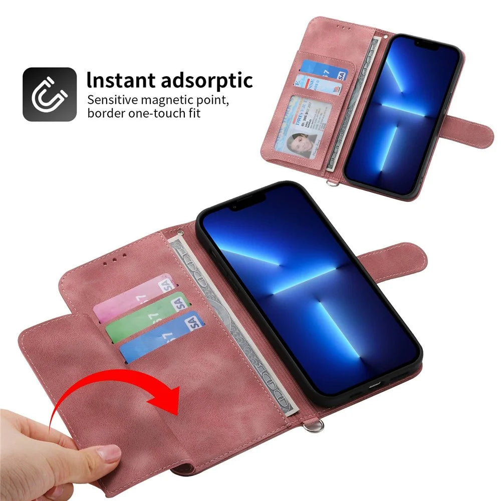 For iPhone 13 Pro Max 6.7 inch Imprinted Flowers Wallet Case Skin-touch PU Leather Handbag Flip Stand Phone Cover with Wrist Strap and Shoulder Strap - Pink - 5