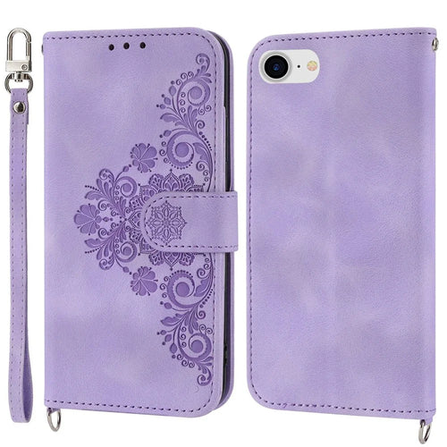For iPhone 8 / 7 / SE (2020) / SE (2022) Imprinted Flowers Pattern Skin-touch Leather Shell Case Stand Wallet Cover with Wrist Strap and Shoulder Strap - Light Purple - 1